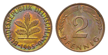 ФРГ 2 пфеннига 1965 F KM 106, J. 381 бронза 211-536