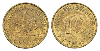 ФРГ 10 пфеннигов 1982 J KM 108, J.383 сталь плакированная латунью 4606-1155