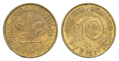 ФРГ 10 пфеннигов 1982 J KM 108, J.383 сталь плакированная латунью 4606-1155