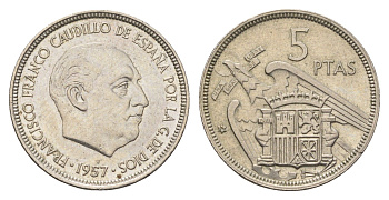 Испания 5 песет 1957 (74) Франсиско Франко (1939 - 1975) KM 786 медно-никель 4633-912