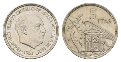 Испания 5 песет 1957 (74) Франсиско Франко (1939 - 1975) KM 786 медно-никель 4633-912