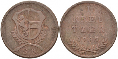 Австрия, Зальцбург 1 крейцер 1797 S.B. KM 264a (193a), Zttl 3351, Probszt 2556 медь 3896-642