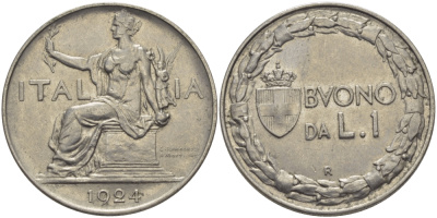 ИТАЛИЯ 1 ЛИРА 1924 R, ВИКТОР ИМАНУИЛ III KM 62 никель 97-1023