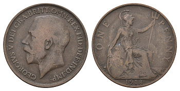 Великобритания 1 пенни 1918 Георг V (1910-1936) KM 810, Spink 4051 бронза 4692-714