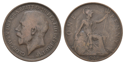 Великобритания 1 пенни 1918 Георг V (1910-1936) KM 810, Spink 4051 бронза 4692-714