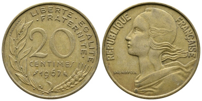 ФРАНЦИЯ 20 САНТИМОВ 1967 KM 930 медь алюминий никель 4364-3322