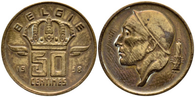 БЕЛЬГИЯ 50 САНТИМОВ 1958 BELGIE KM 149.1 бронза 4392-824