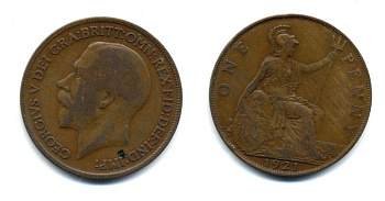Великобритания 1 пенни 1921 Георг V (1910-1936) KM 810, Spink 4051 бронза 47-523