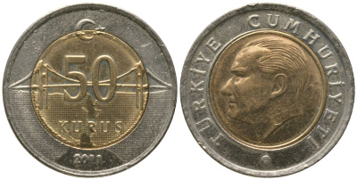 Турция 50 курушей 2011 KM 1243 биметалл 4561-1154