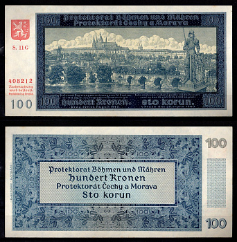 Богемия и Моравия 100 крон 1940 Прага Pick 7 a бумага aUNC 451-1287-1