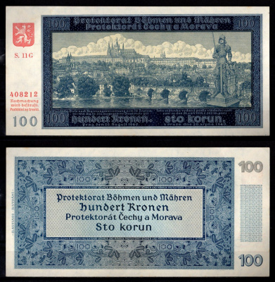 Богемия и Моравия 100 крон 1940 Прага Pick 7 a бумага aUNC 451-1287-1