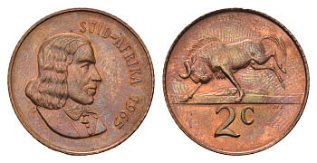 ЮАР 2 цента 1965 Ян ван Рибек (1619-1677), Suid Africa, легенда на африкаанс, антилопа гну KM 66.2 бронза UNC 4693-241