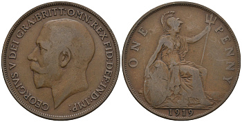 Великобритания 1 пенни 1919 Георг V (1910-1936) KM 810, Spink 4051 бронза 4112-721