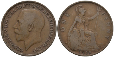 Великобритания 1 пенни 1919 Георг V (1910-1936) KM 810, Spink 4051 бронза 4112-721