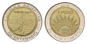 Аргентина 1 песо 2010 200 лет Аргентине - Мар-дель-Плата KM 158 биметалл 4571-546