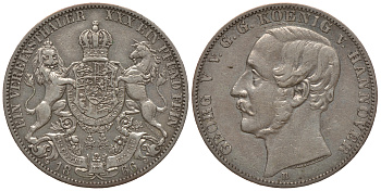 Брауншвейг-Каленберг-Ганновер 1 талер 1866 В, Георг V (1851-1866) КМ 230, AKS 144, Dav. 682, Kahnt 239, Thun 174 серебро 00-00