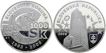 Словакия 1000 крон 2008 15 лет словацкой кроне KM 200 серебро  PROOF  11-019-23-1