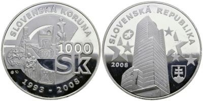 Словакия 1000 крон 2008 15 лет словацкой кроне KM 200 серебро  PROOF  11-019-23-1