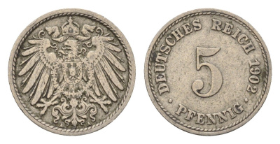 Германия 5 пфеннигов 1902 A, Вильгельм II (1888-1918) KM 11, J. 12 медно-никель 4684-215