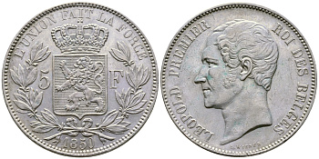 Бельгия 5 франков 1850 Леопольд I (1831-1865) KM 17 серебро 1066-5-44