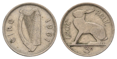 Ирландия 3 пенса 1961 заяц KM 12a медно-никель 4682-543