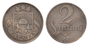 Латвия 2 сантима 1926 KM 2 бронза 4705-449