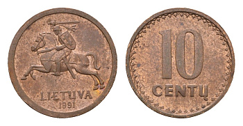 Литва 10 центов (сентов) 1991 год-тип KM 88 бронза 4689-1052