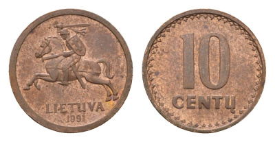 Литва 10 центов (сентов) 1991 год-тип KM 88 бронза 4689-1052