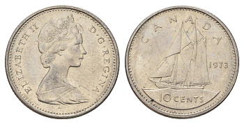 Канада 10 центов 1973 Елизавета II (1952-2022), парусник KM 77 никель 4689-537