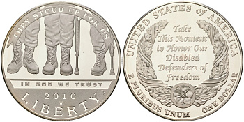 США 1 доллар 2010 W, американские ветераны-инвалиды KM 479 серебро PROOF 11-093-33