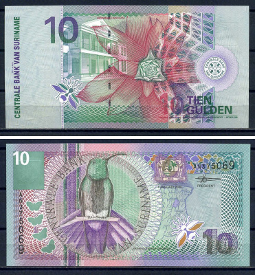 Суринам 10 гульденов 2000 колибри-манго, цветок Pick 147 бумага UNC (пресс) 7552-35-3-1