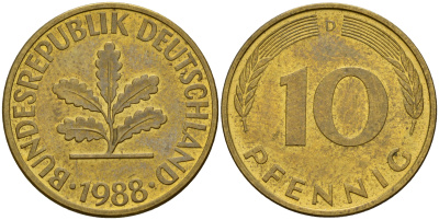 ФРГ 10 пфеннигов 1988 D J. 383, KM 108 сталь плакированная латунью    4603-551