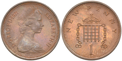 Великобритания 1 пенни 1971 Елизавета II (1952-2022) KM 915, Spink 4237 (B1) бронза 4594-111