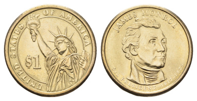 США 1 доллар 2008 D, Президент США - Джеймс Монро (1817-1825) KM 426 медь с марганцево-латунным покрытием UNC 4700-1025