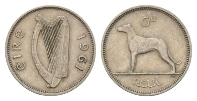 Ирландия 6 пенсов 1961 собака, ирландский волкодав KM 13a медно-никель 4696-526