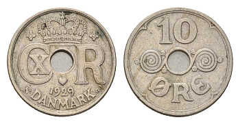 Дания 10 эре 1929 N, Кристиан X (1912-1947) KM 822 медно-никель 4701-932