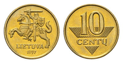 Литва 10 центов (сентов) 1997 KM 106 никель латунь UNC 4689-1112