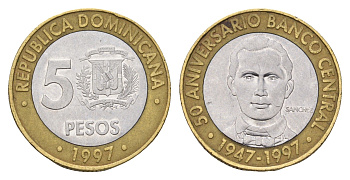 Доминикана (Доминиканская Республика) 5 песо 1997 50 лет Центробанку KM 88 биметалл 4688-1031