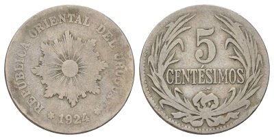 Уругвай 5 сентесимо 1924 KM 21 медно-никель 4390-1256