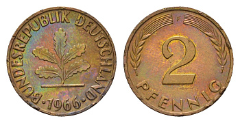ФРГ 2 пфеннига 1966 F KM 106, J. 381 бронза 4549-927