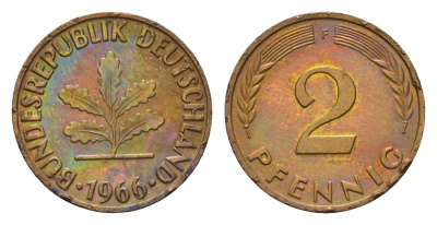 ФРГ 2 пфеннига 1966 F KM 106, J. 381 бронза 4549-927