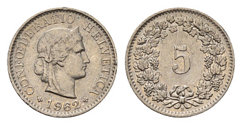 Швейцария 5 раппенов 1962 KM 26 медно-никель 4685-226