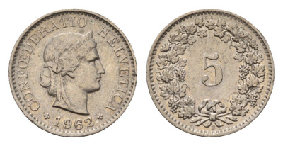 Швейцария 5 раппенов 1962 KM 26 медно-никель 4685-226
