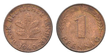 ФРГ 1 пфенниг 1949 D KM A101, J. 376 сталь плакированная медью 4685-339