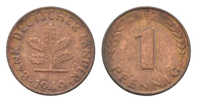ФРГ 1 пфенниг 1949 D KM A101, J. 376 сталь плакированная медью 4685-339