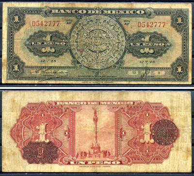 Мексика 1 песо 1948 серия AF Pick 38 d  бумага   2119-45-3-2