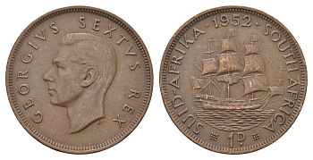 ЮАР 1 пенни 1952 Георг VI (1936-1952) KM 34.2 бронза 4526-942