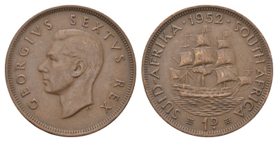 ЮАР 1 пенни 1952 Георг VI (1936-1952) KM 34.2 бронза 4526-942