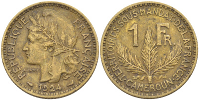 Французский Камерун 1 франк 1924 (а), монетный двор Париж KM 2 алюминиевая бронза 4610-933