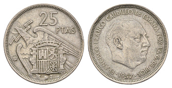 Испания 25 песет 1957 (58) Франсиско Франко (1939 - 1975) KM 787 медно-никель 4633-1044